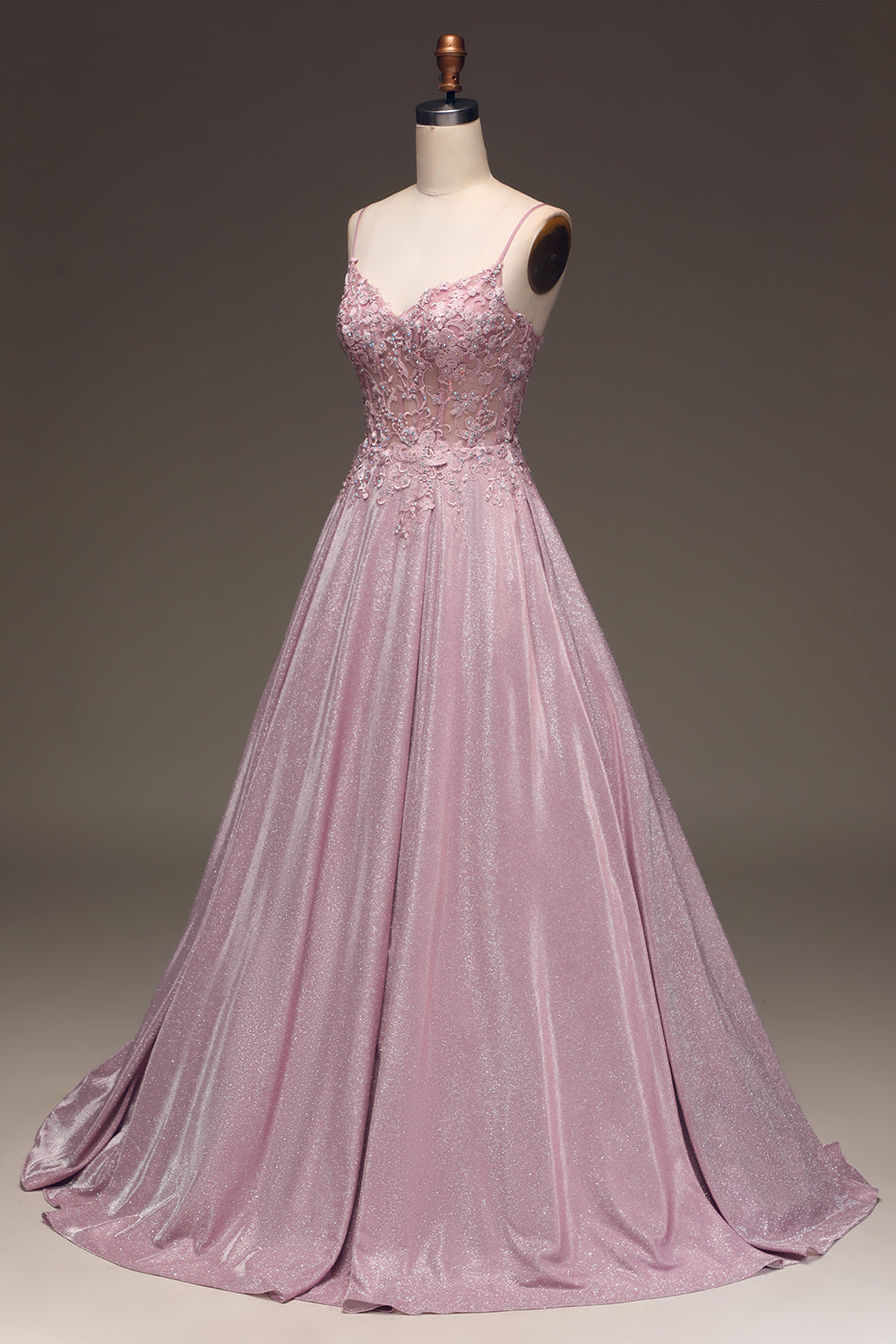 Chic women's sparkling blush A-line evening gown. Ideal for bridesmaids, prom, or other formal events.