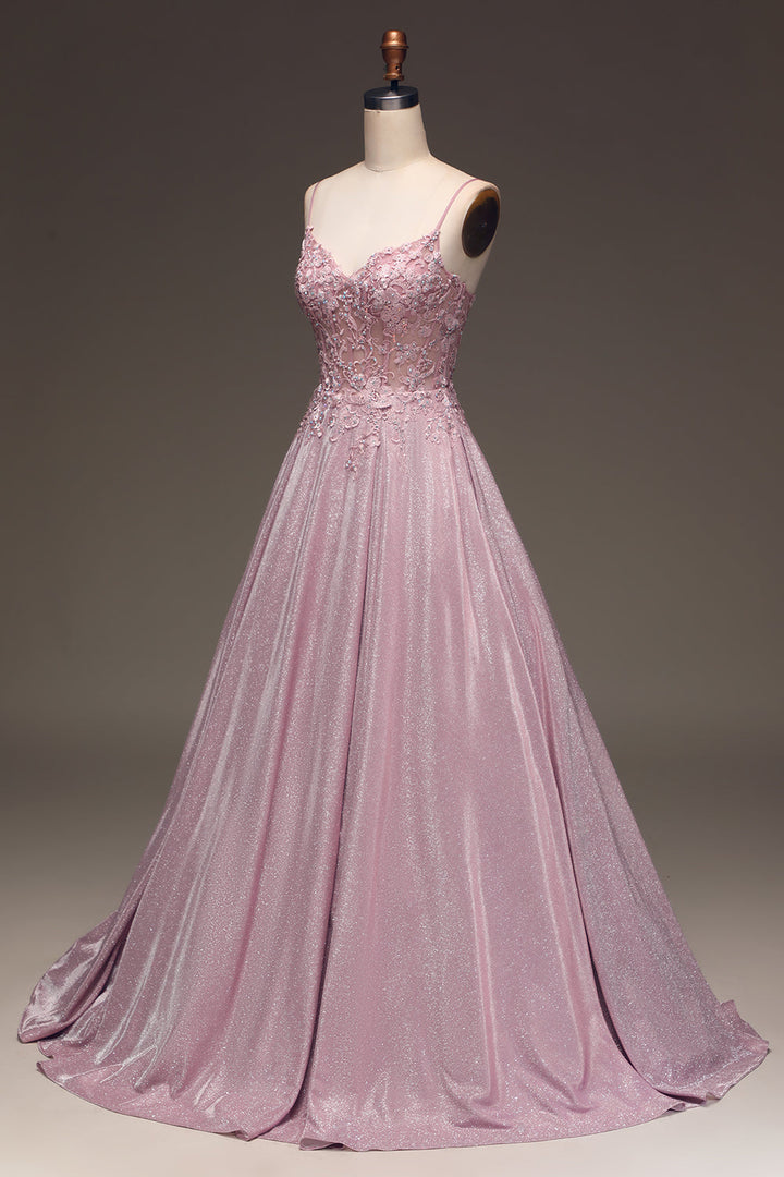 Chic women's sparkling blush A-line evening gown. Ideal for bridesmaids, prom, or other formal events.