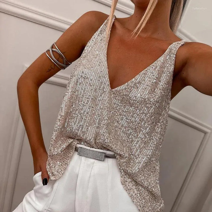 Glamorous women's beige sequin V-neck top with adjustable spaghetti straps & loose fit for festive occasions.