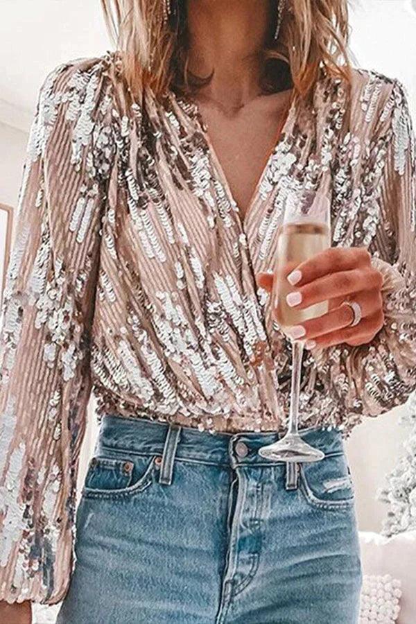 Dazzling women's glitter V-neck long sleeve top. Perfect elegant sparkling shirt for parties & glamour.