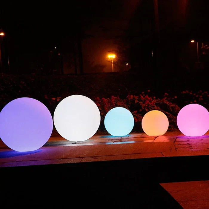 Rechargeable GlowSphere wireless outdoor light, showcasing its color-changing feature.