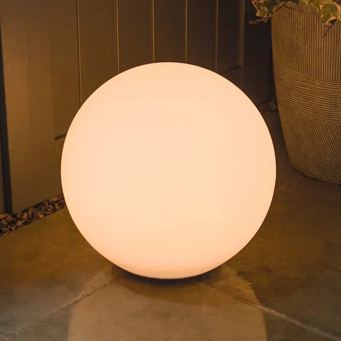 Decorative LED sphere light, GlowSphere, enhancing a modern veranda decor.
