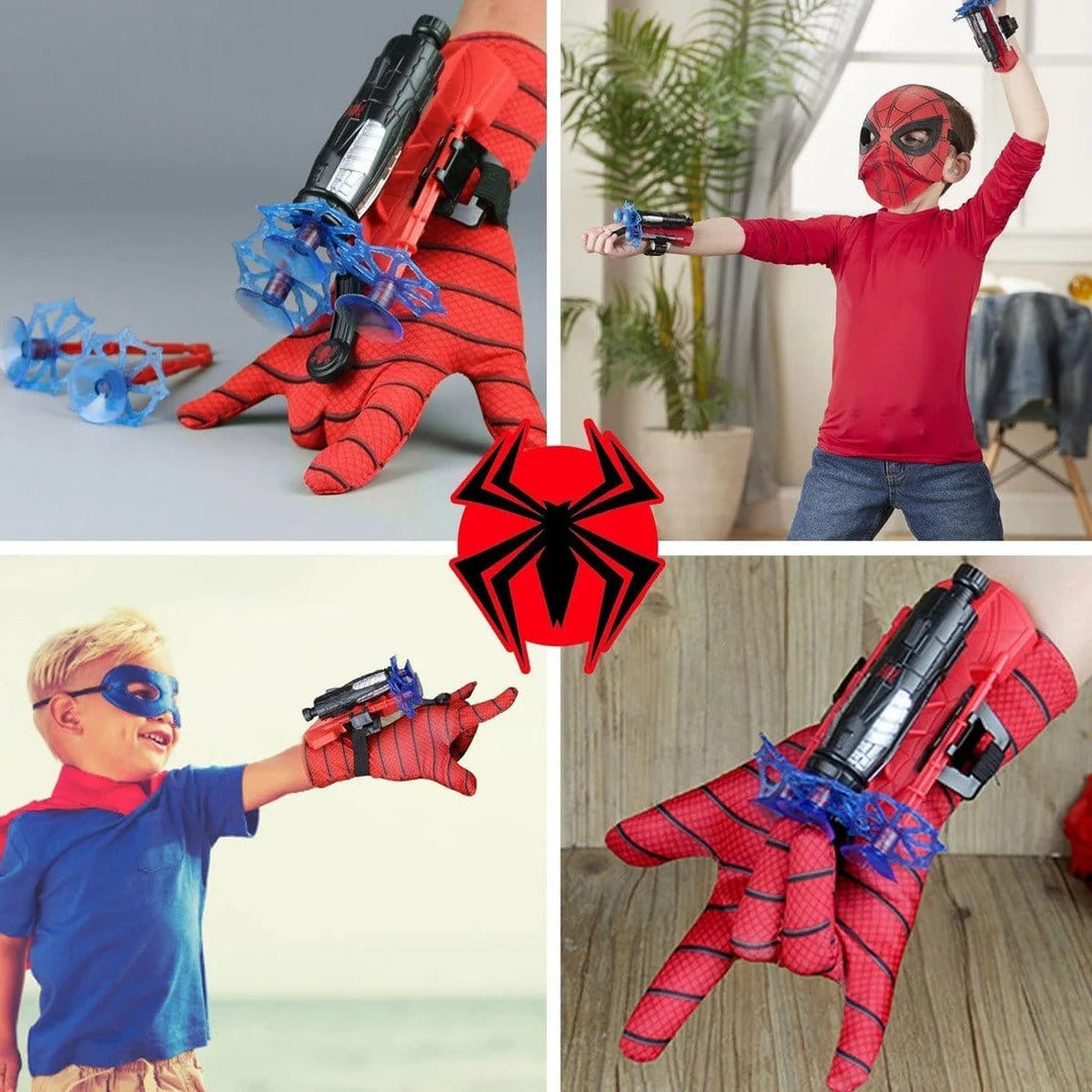 Dynamic view of the interactive web shooter toy glove, ideal for children's superhero role-play and action adventures.