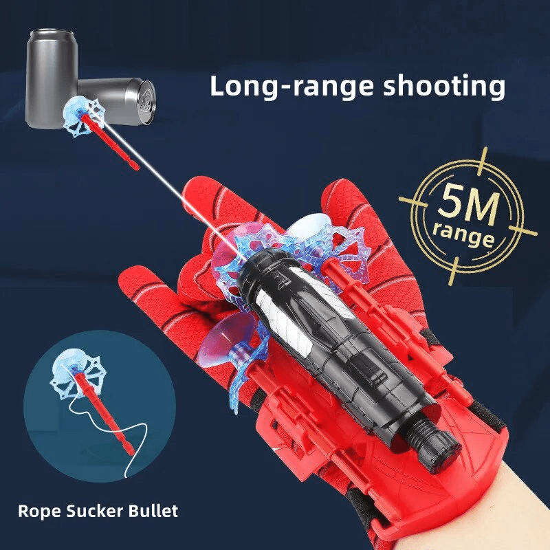 Kids' interactive web shooter toy glove set with included darts, ready for exciting superhero action and imaginative play.