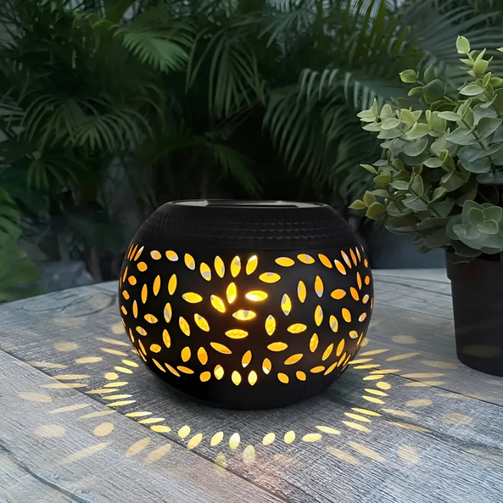Speckled solar garden lights illuminating a patio at dusk, creating an eco-friendly ambiance. Perfect outdoor decor.