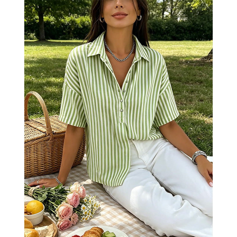 Back view of a stylish women's short-sleeve striped V-neck top for everyday elegance.