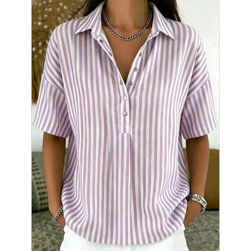 Elegant women's striped V-neck short-sleeve blouse, ideal for a smart casual look.