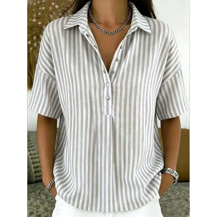 Women's casual striped V-neck short-sleeve top, easily styled for relaxed summer outfits.