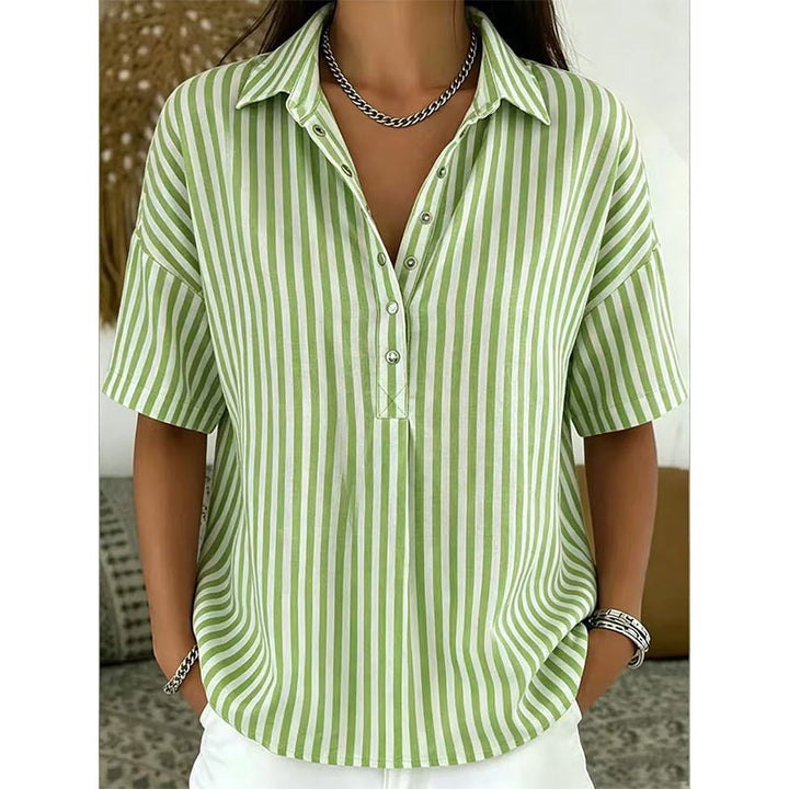 Soft women's striped V-neck short-sleeve shirt, offering comfort for stylish casual wear.