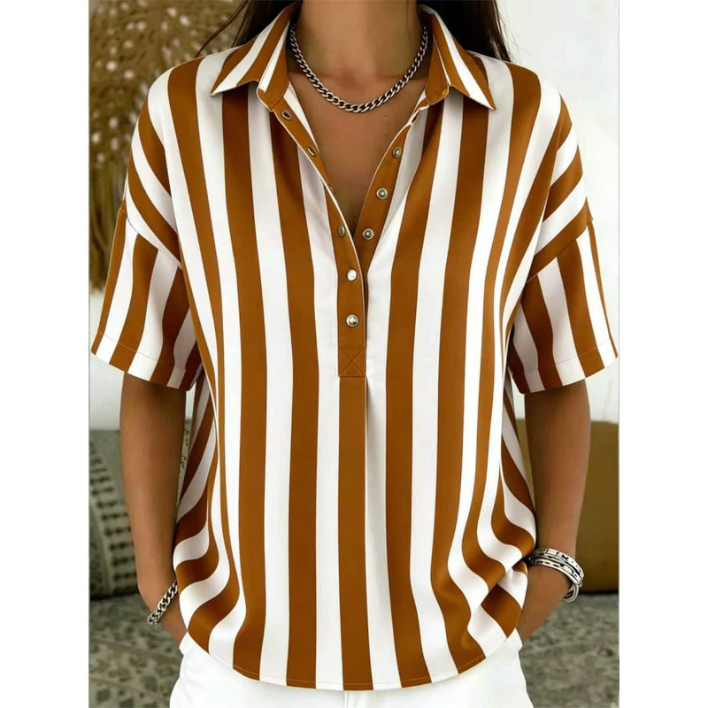 Woman enjoying summer in a stylish striped V-neck short-sleeve shirt, a casual essential.
