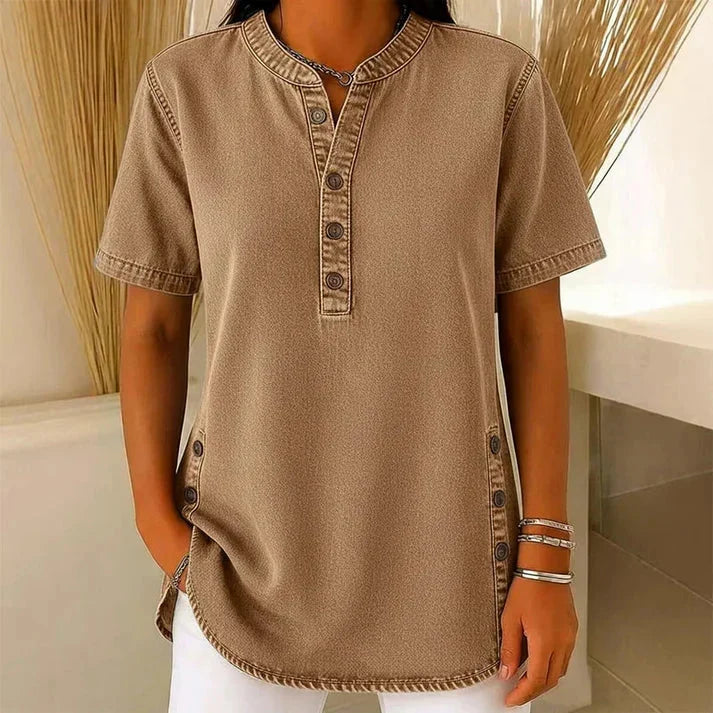 Everyday fashion: Women's short sleeve Henley tunic top, relaxed fit, with chic side buttons.