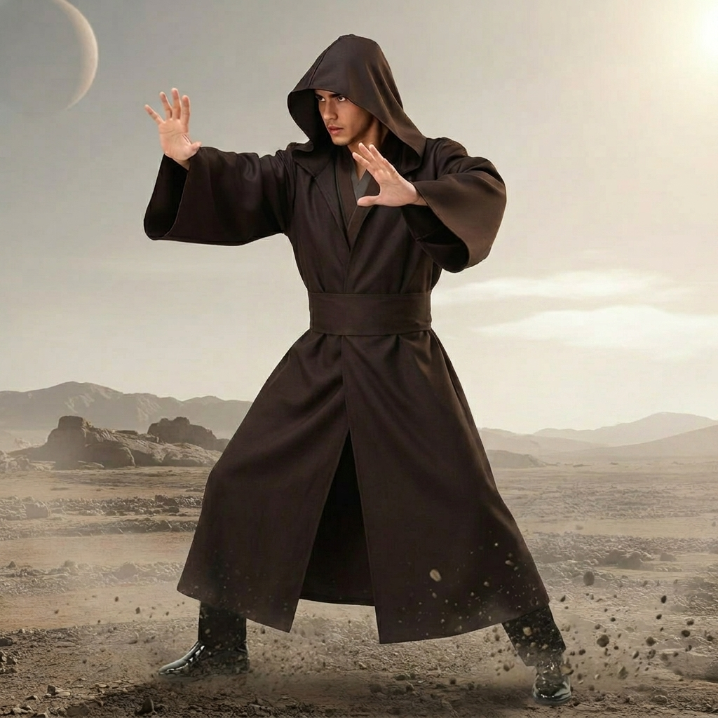 Men's hooded adventure robe costume for Halloween, cosplay, or medieval fantasy themed parties.