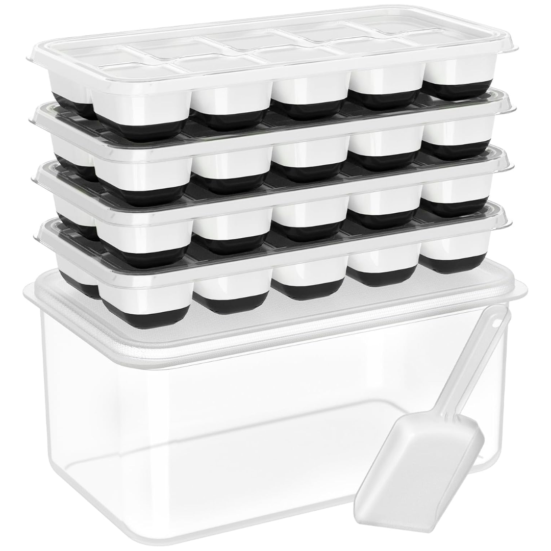 Flexible silicone ice maker trays & bin for easy release ice cubes, perfect for cocktails & drink cooling.