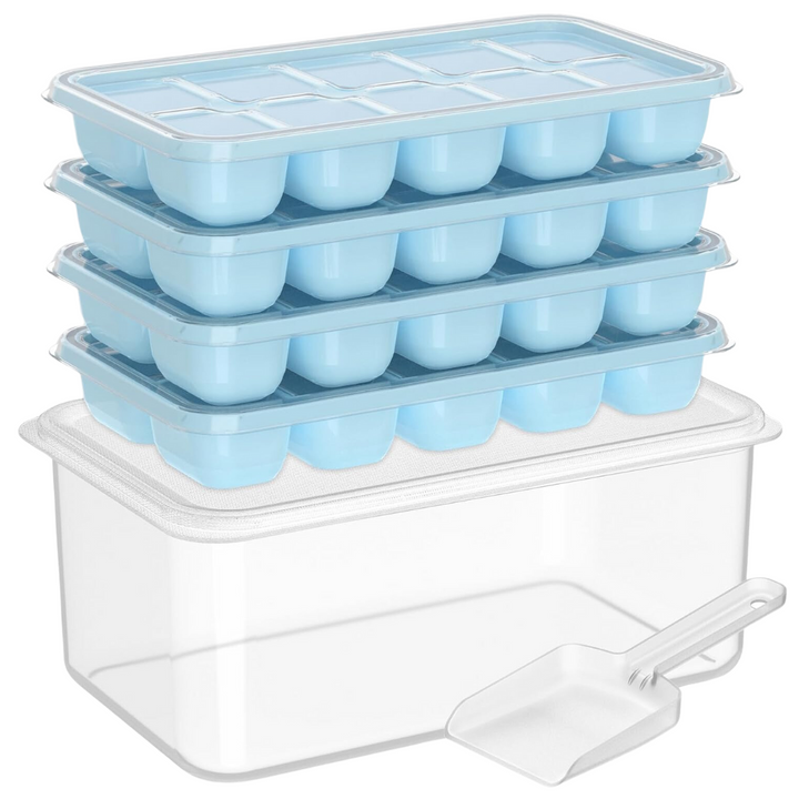Smart freezer organization with stackable silicone ice cube trays and a durable ice bin.