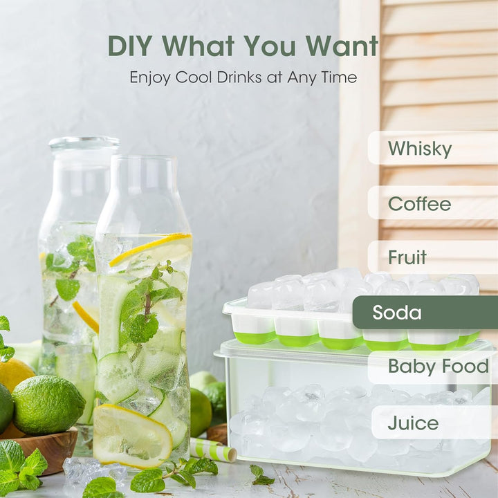 Essential drink cooler: stackable silicone ice cube trays & bin for refreshing beverages & home use.