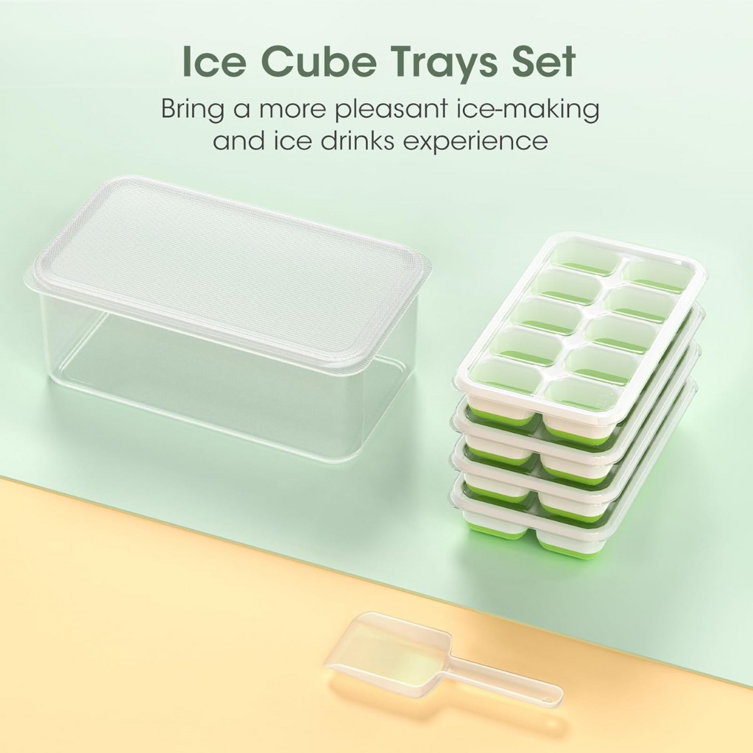 Easy-release silicone ice cube trays with lid & bin; a home essential for refreshing drink cooling.