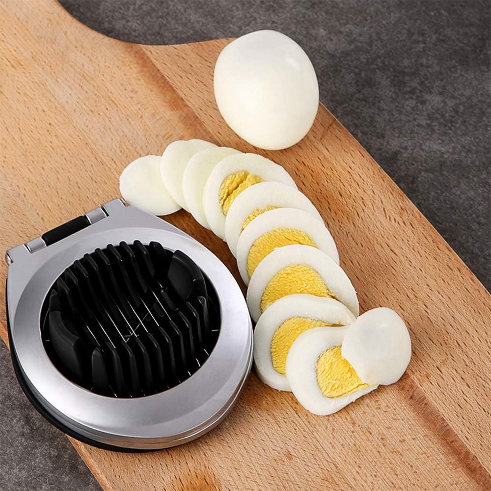 Versatile stainless steel egg slicer with 3 quick cutting styles for perfect slices, wedges, or halves.