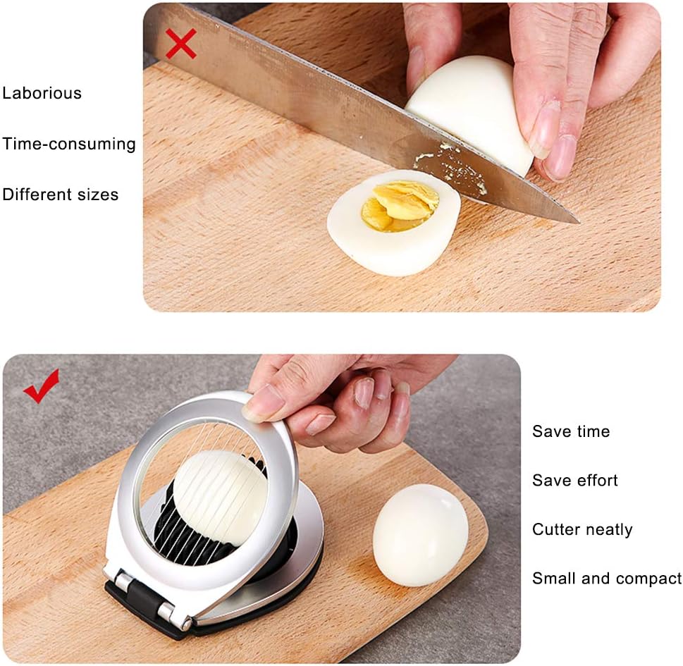 Stainless steel egg slicer with 3 quick cutting styles, ideal for salads & meal prep. Durable & easy to clean.