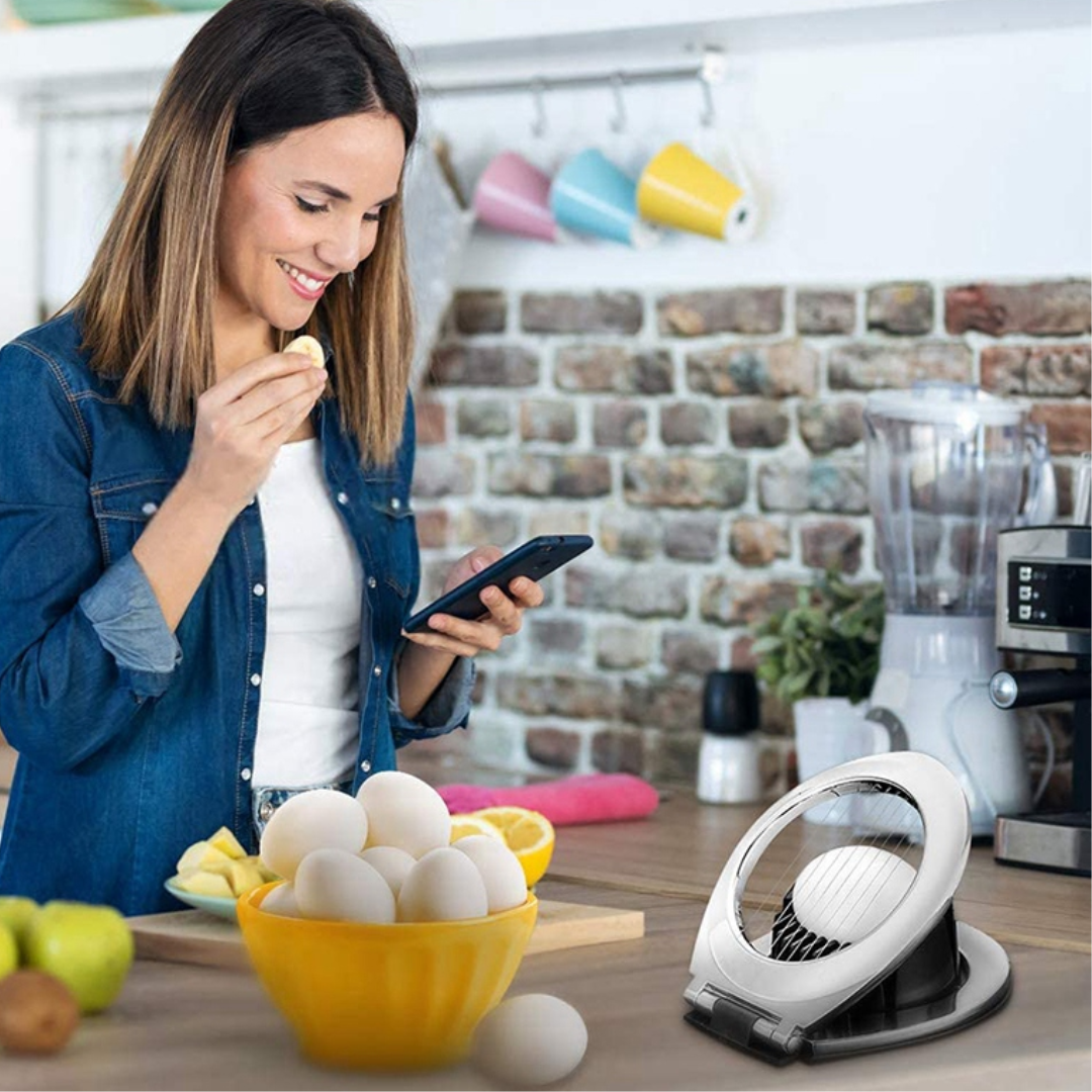 High-quality stainless steel egg slicer offering 3 cutting styles for perfect, consistent slices.