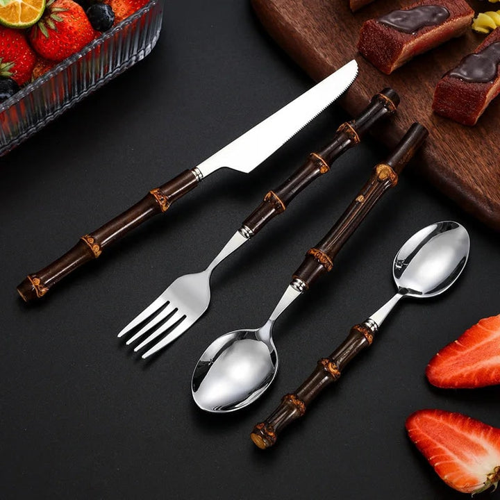 Silver stainless steel flatware set for 6, ideal for elegant dinnerware and hosting special occasions.