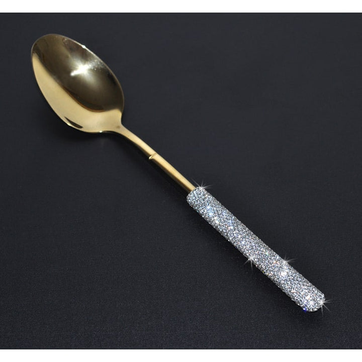 Luxury 20-piece gold & silver flatware gift set with sparkling rhinestone handles, ideal for special occasions.