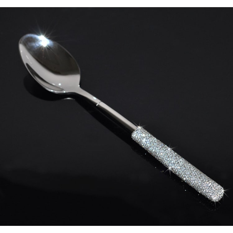 Shimmering gold & silver cutlery set, 20 pieces, showcasing exquisite rhinestone-embellished handles for dinnerware.