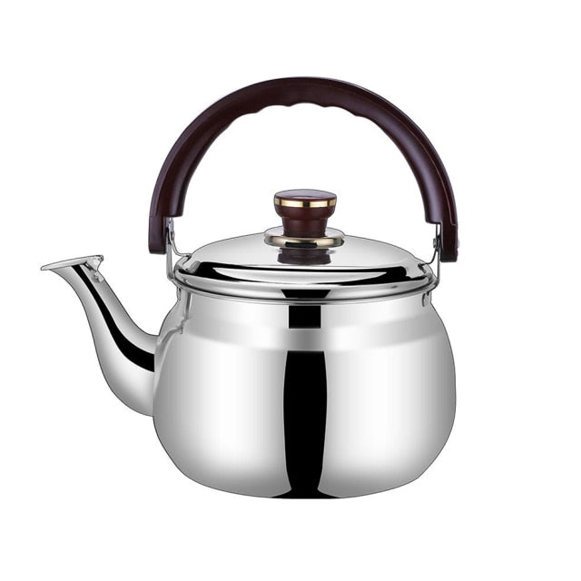 Stainless steel whistling tea kettle, durable stove top water boiler for home kitchen.