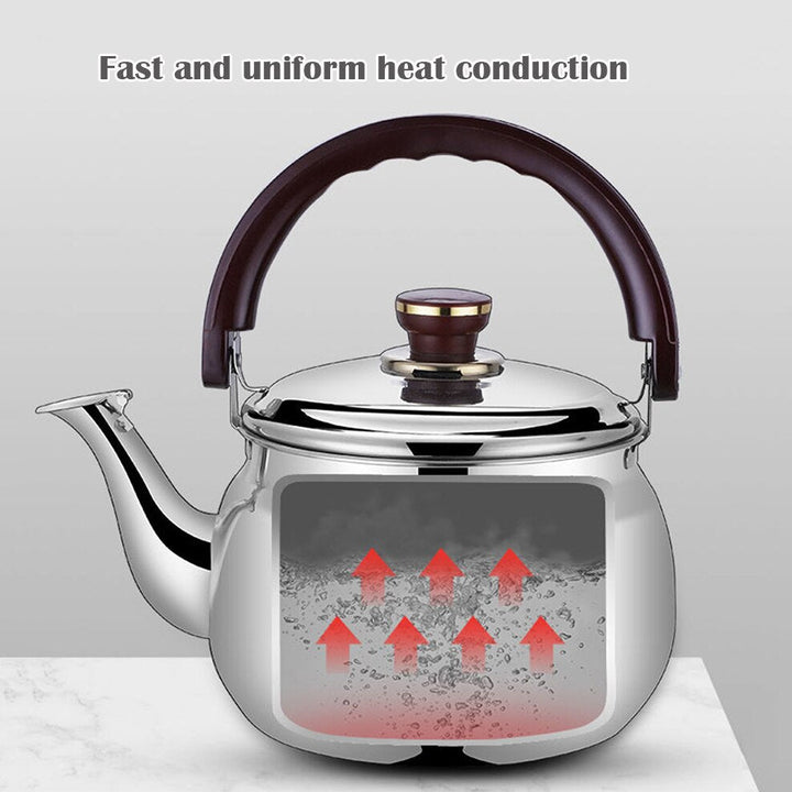 Whistling stainless steel tea kettle, essential kitchen appliance for hot beverages & water.