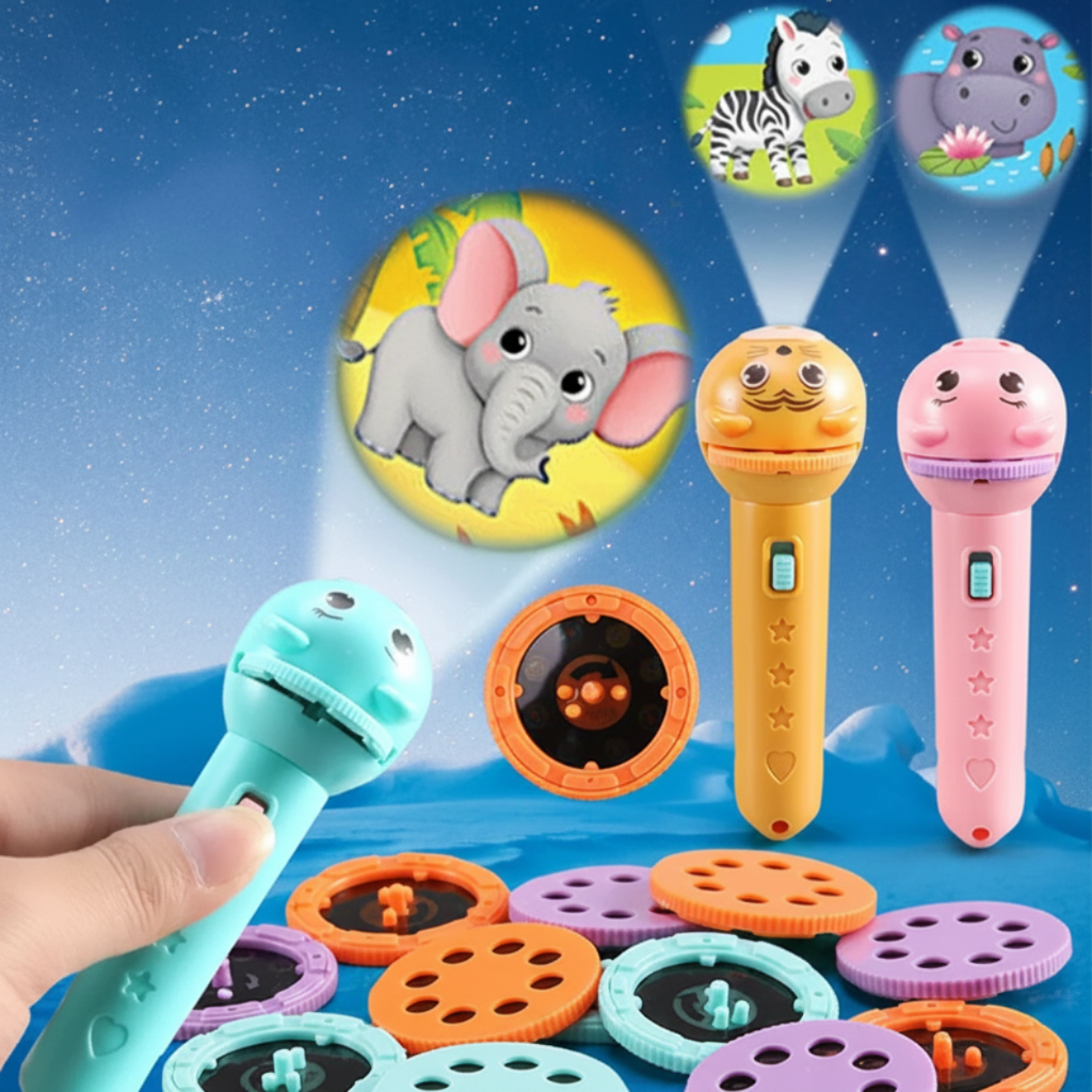 Creative kids' story projector flashlight, an ideal screen-free toddler gift for magical bedtime adventures.