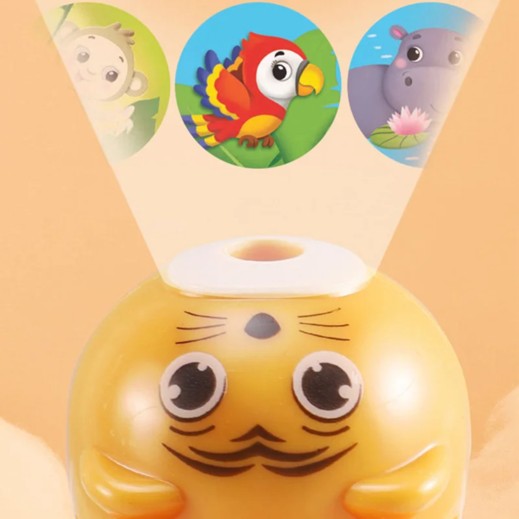 Close-up of a colorful kids' story projector flashlight, designed for magical bedtime storytelling & pretend play.