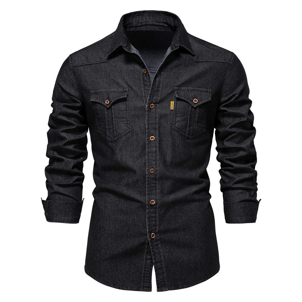 Men's Logan slim-fit stretch cotton denim shirt, perfect for versatile casual and everyday wear.