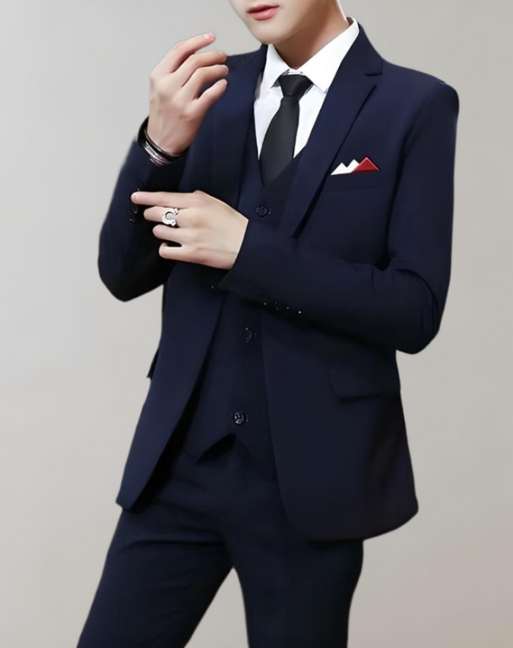 Tailored Tobias 3-piece men's suit. Complete formal wear with suit jacket, waistcoat, and smart trousers.