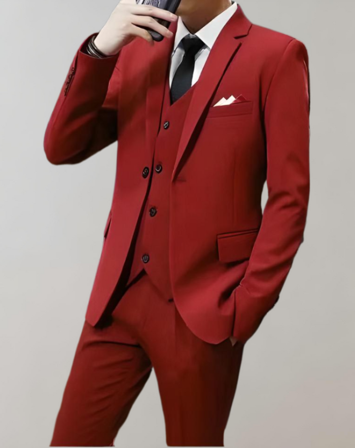 Modern Tobias 3-piece wedding suit for men, featuring a sleek jacket, waistcoat, and matching formal trousers.