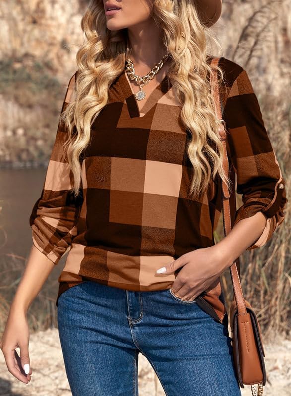 Women's Lara blouse: comfortable checked print top with a flattering V-neck style.