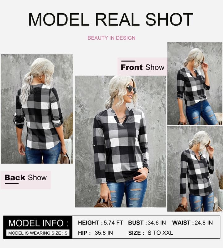 Versatile women's top with checked print and V-neck, great for spring/summer style.