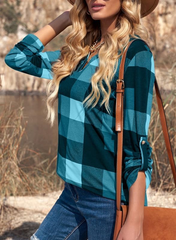 Versatile women's V-neck checked shirt, offering chic comfort for any occasion.