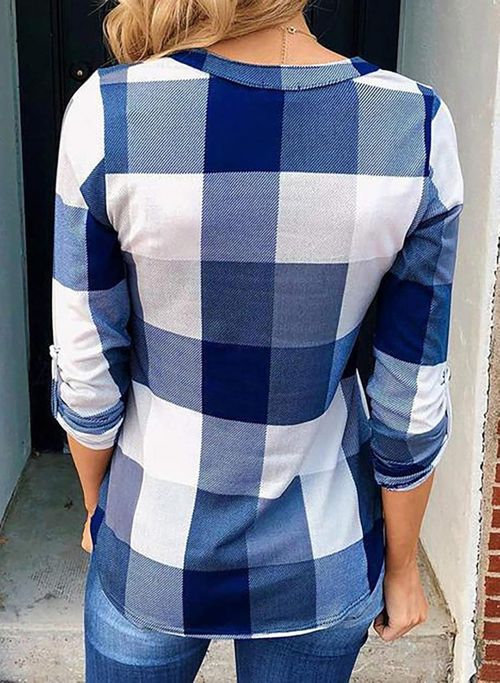 Women's casual V-neck blouse with a checked print, great for effortless style.