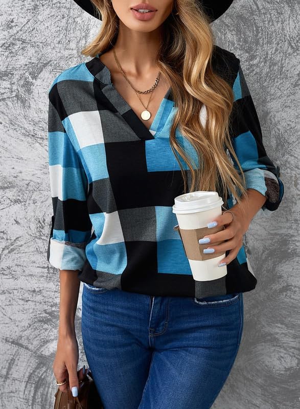 Comfortable Lara V-neck blouse for women, featuring a trendy casual checked print.