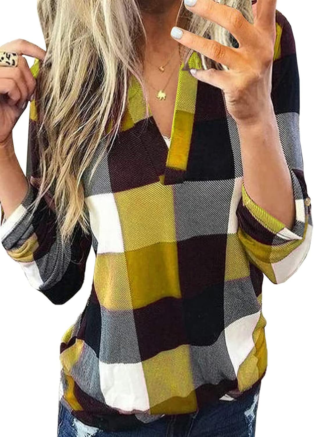 Comfortable checked women's top, perfect for layering or wearing solo in spring.