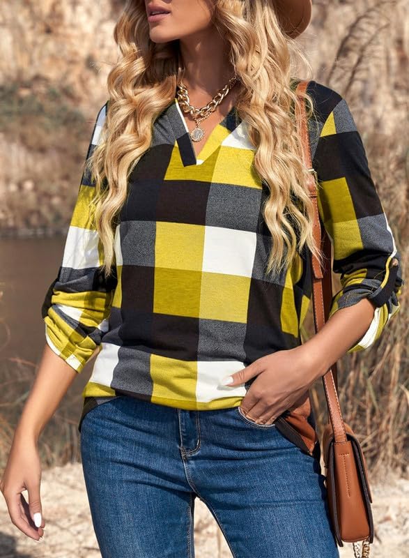 Women's V-neck checked shirt, comfortable and perfect for warm-weather casual outfits.