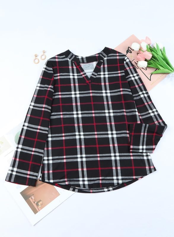 Women's comfortable V-neck checked print shirt, perfect for stylish everyday wear.