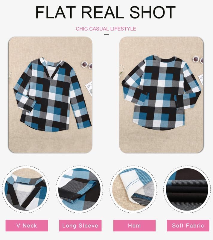 Chic women's top with a flattering V-neck and classic checked pattern, everyday wear.