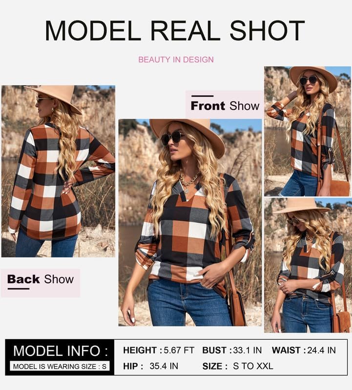 Stylish women's casual V-neck blouse with a comfortable checked pattern.