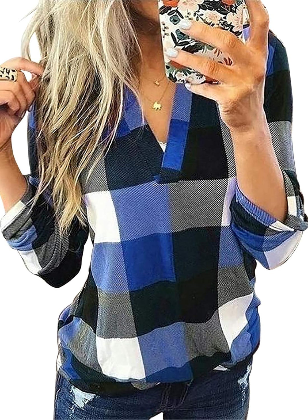 Chic women's casual checked top, ideal for spring fashion with a relaxed fit.