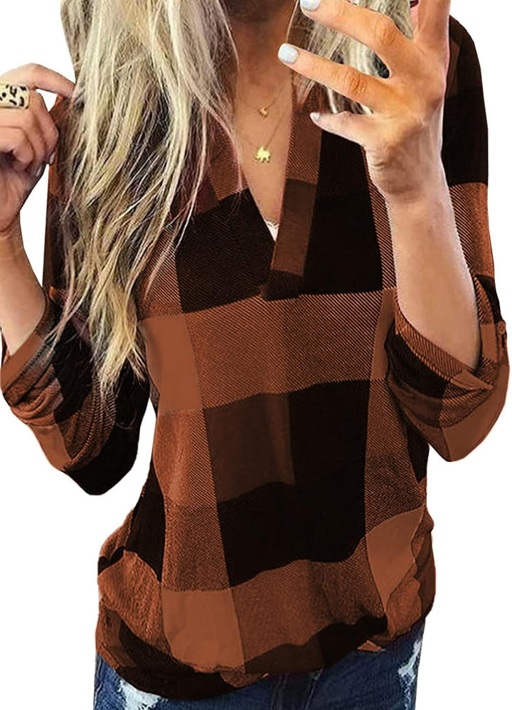 Elegant women's checked V-neck blouse, offering a comfortable and stylish fit.