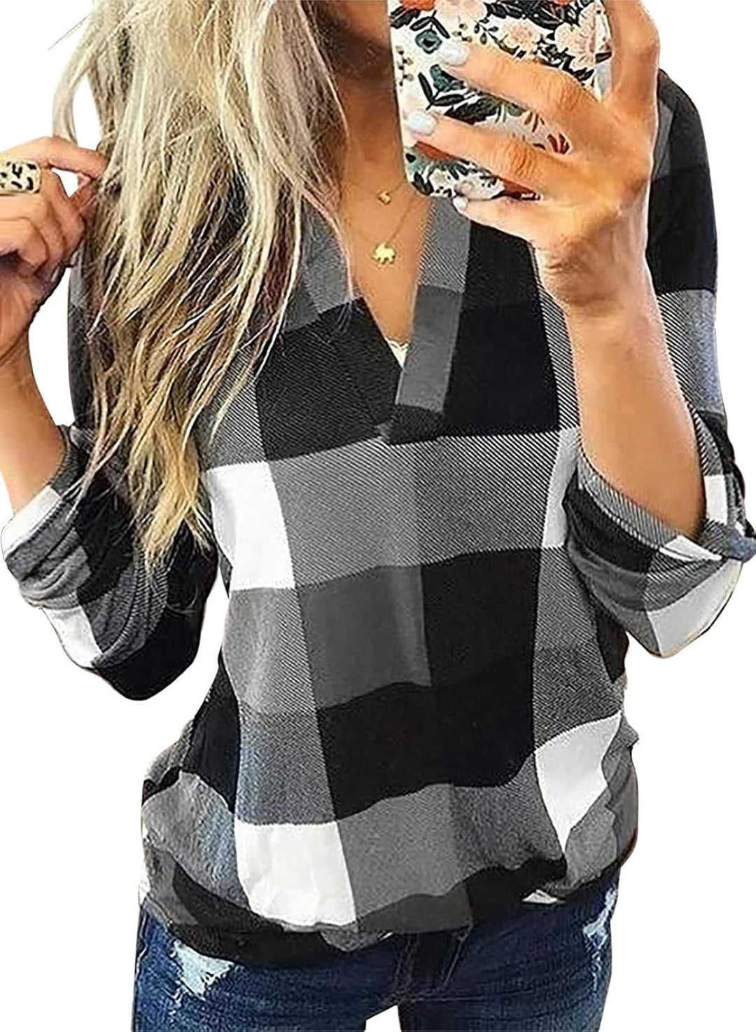 Women's comfortable V-neck checked top, ideal for spring and summer fashion trends.