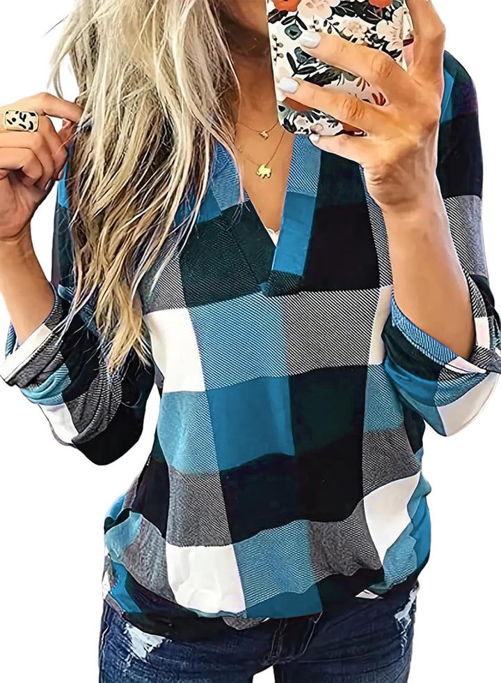 Women's Lara casual checked V-neck blouse, chic & comfortable for everyday style.