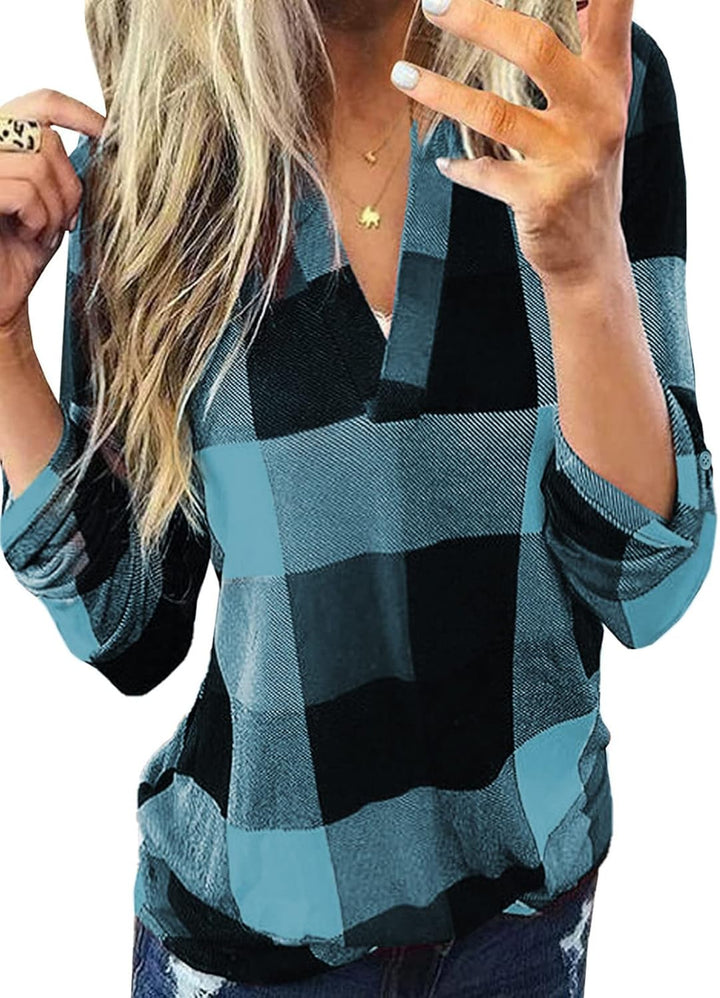 Comfortable women's checked blouse, a stylish choice for versatile warm-weather wear.