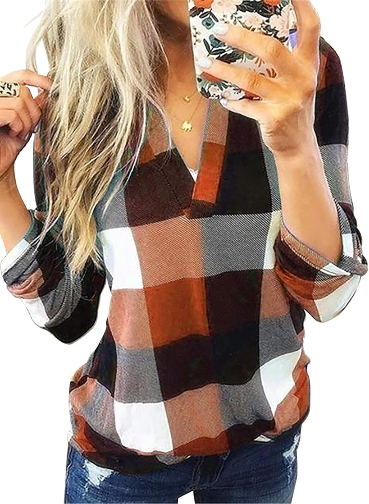 Comfortable women's V-neck checked shirt, ideal for stylish spring and summer days.
