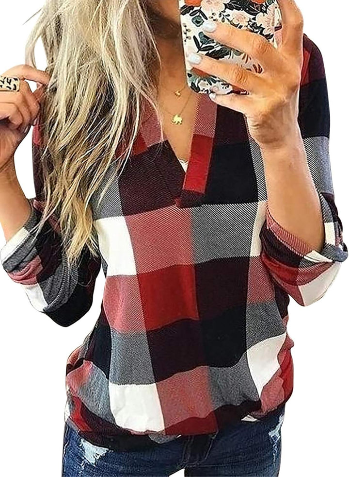 Chic women's V-neck checked blouse, ideal for versatile summer and spring fashion.